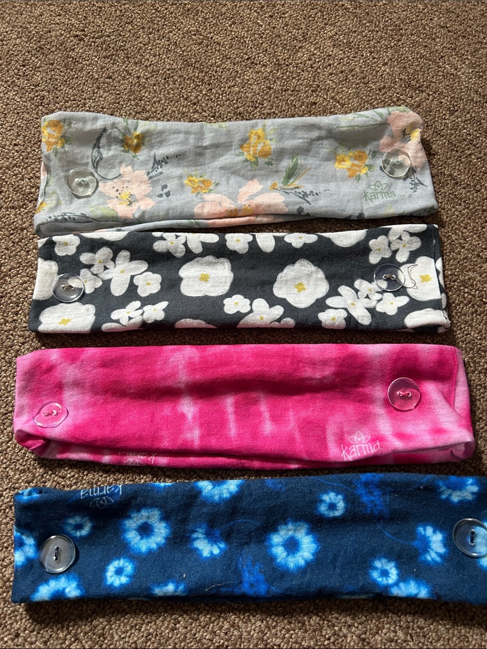 Karma Floral & Tie-Dye Button Headband Set — Gray, Charcoal, Hot Pink & Navy